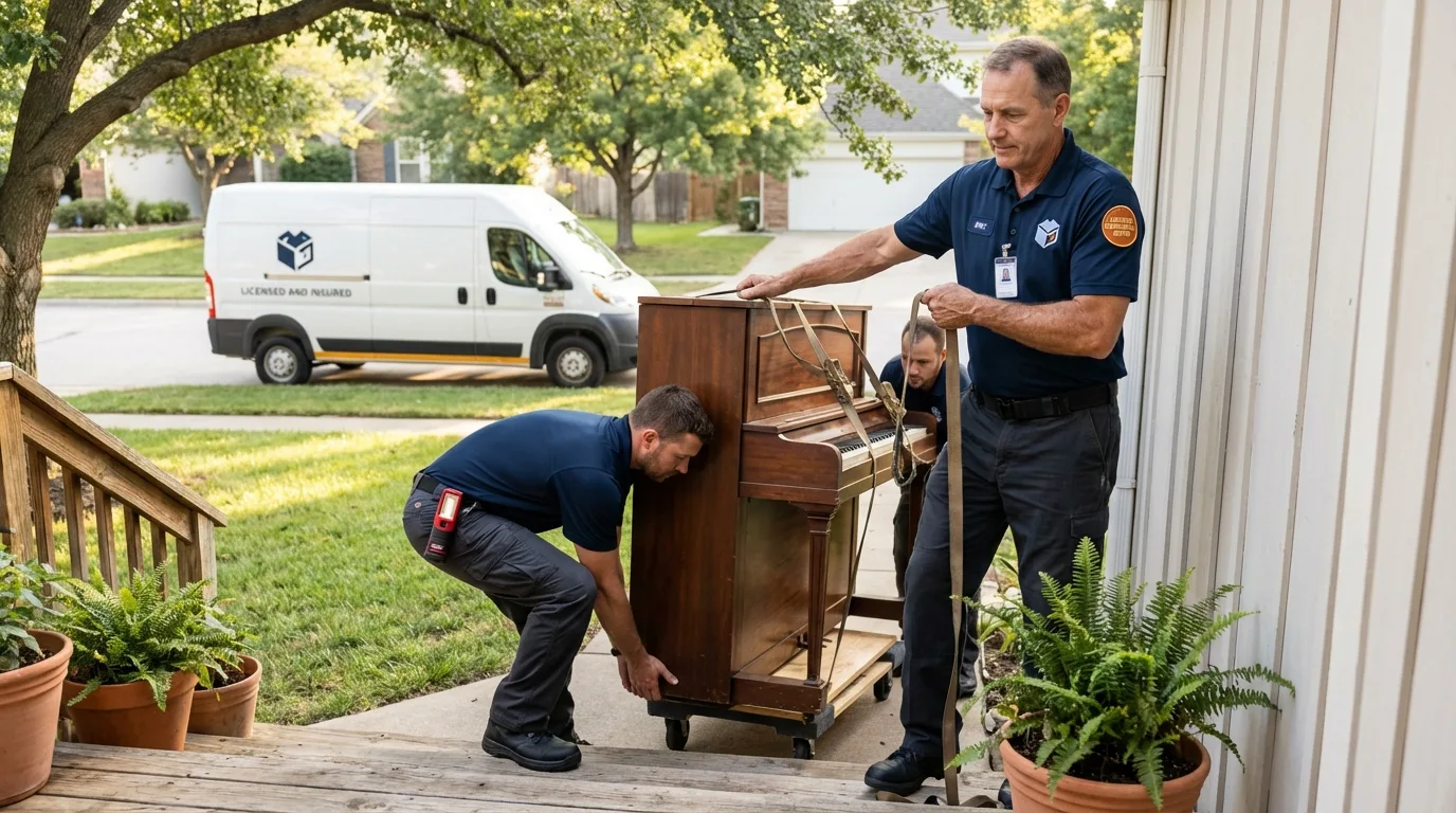 Licensed piano movers securing grand piano in Bettendorf, IA